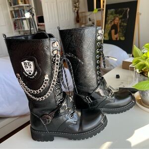 Goth Punk Motorcycle Combat Boots Black Metal Chain Lace Up Mid Calf 37